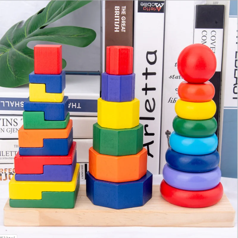 

Montessori Early Education Teaching Aids Colorful Sets Of Pillar Blocks Wooden Geometric Toys A Three-column Geometric Tower