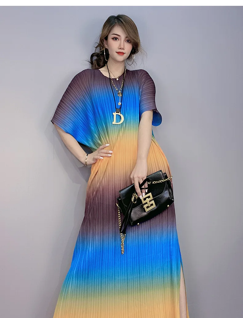 

HOT SELLING Miyake fold batwing sleeve fashion o-neck Gradient Color stripes loose dress IN STOCK