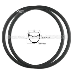26er carbon mtb rim 25mm Deep 30mm Width 26 Inch Hookless Clincher Tubeless Ready XC Rim MTB 26