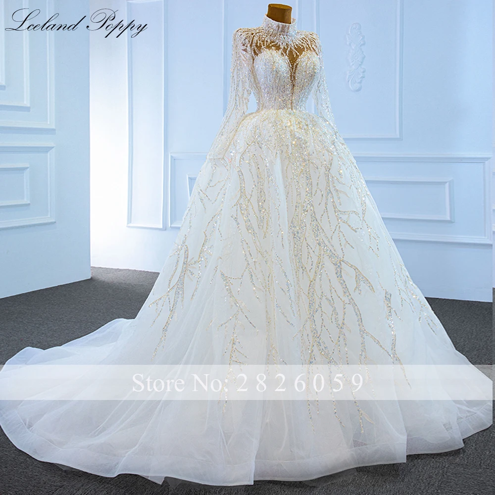 Lceland Poppy A Line High Neck Lace Wedding Dresses Full Sleeves Sequined Floor Length Vestido de Novia Beaded Bridal Gowns