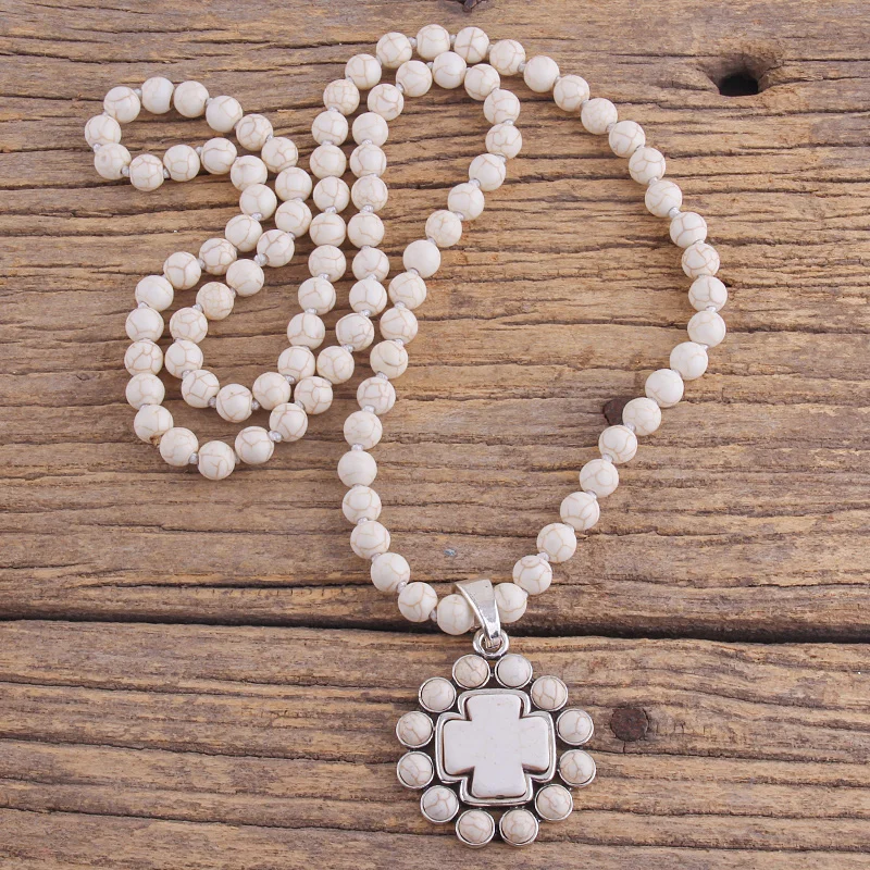 Fashion Bohemian Jewelry Accessory 8mm Stones Knotted With Stone Cross Pendant Necklaces For Women Boho Gift