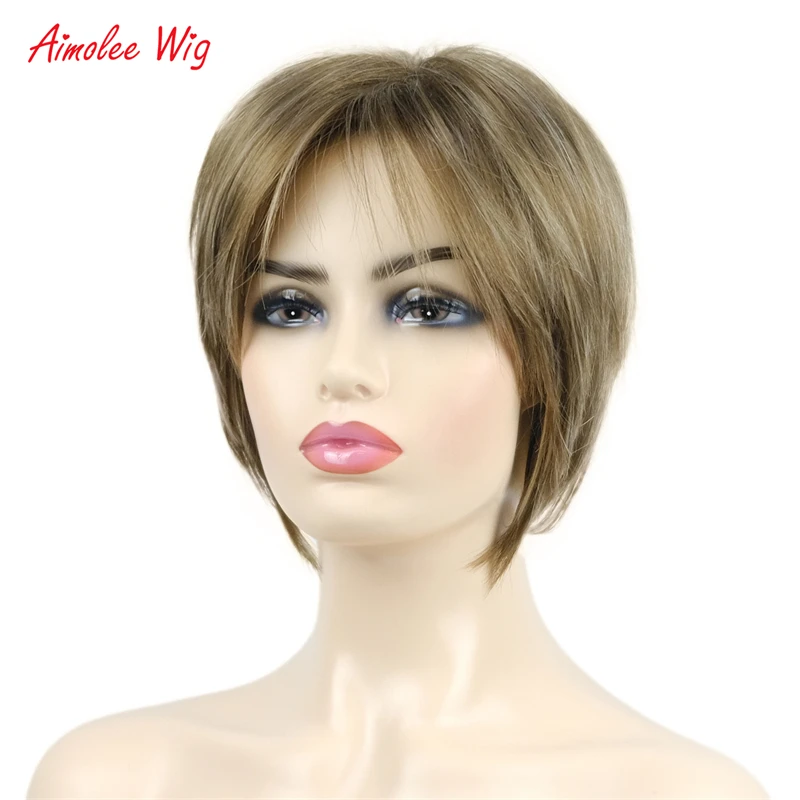 Aimolee Short Straight Smooth Natural Hair Wig with Bangs Women Fashion Daily Short Hair