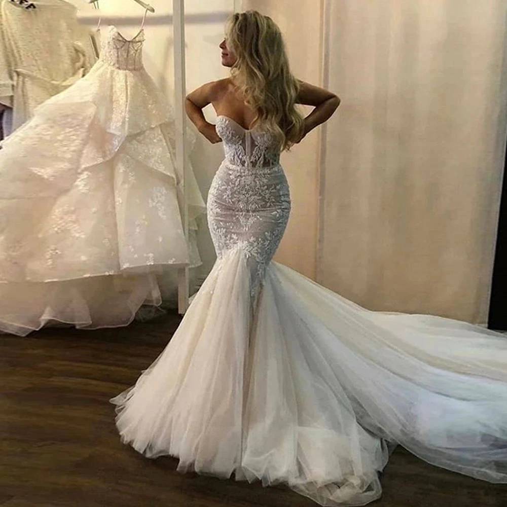 Abito da sposa a sirena champagne Illusion Appliques di pizzo abito da sposa senza spalline da donna abito da sposa su misura Robe De Mariee 2022