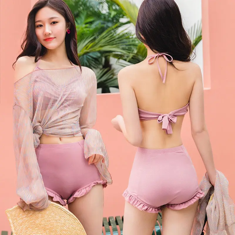 Bikini Sets Womens 3 Pieces Sexy Swimwear Shirring Solid Lace-up High Waist Ruffles Pop Style Beach Cozy Trendy Simple Female