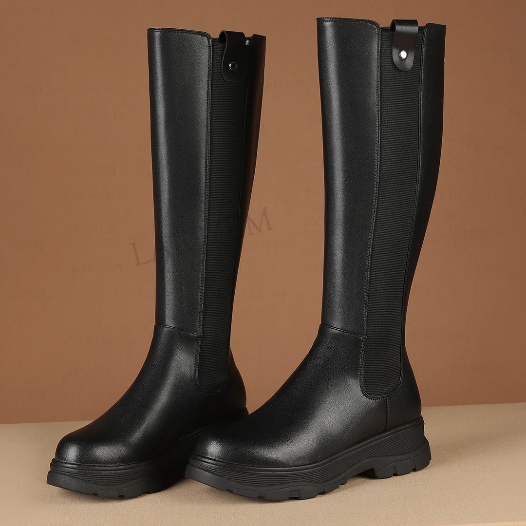 LAIGZEM Women Knee High Boots Genuine Leather Back Zip Low Heels Tall Boots Wide Calf Friendly Shoes Woman Big Size 33 35 41 43