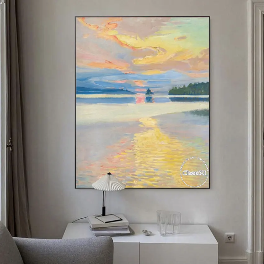 100% Handmade Shore View Reflection, In The Clear Water Of The Lakes Oil Painting On Canvas, Large Room Decoration Unframed