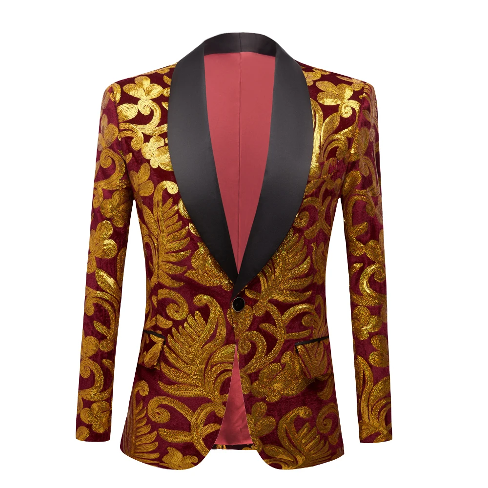 Sequins Velvet Series Mens Fashion Shawl Lapel Floral Sequins Royal wine red  Velvet Slim Fit Blazer Stage Singer Suit Jacket