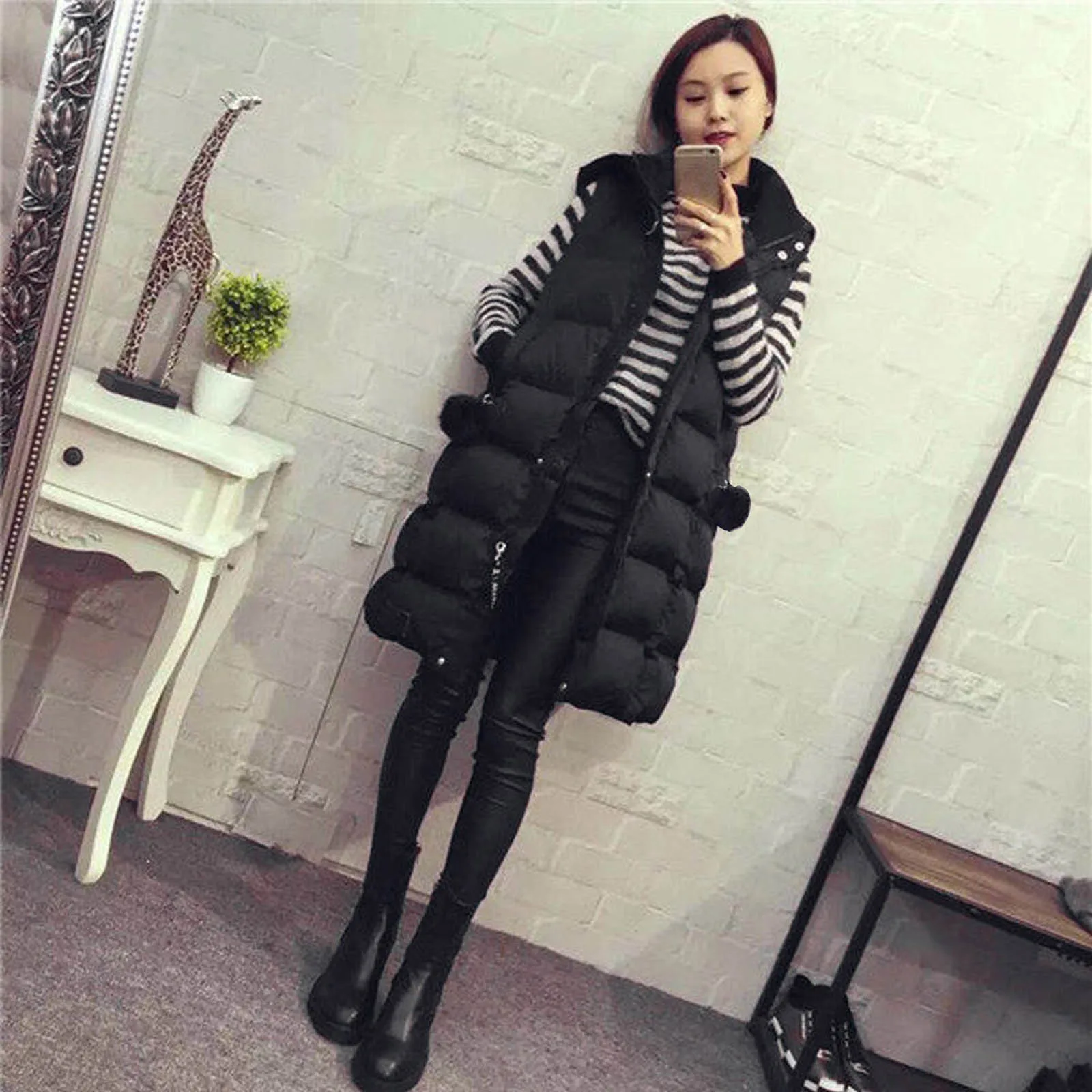 Autumn Winter Women Long Parkas Vest Warm Black Zipper Hooded Down Coat Parka Ladies Sleeveless Waistcoat Jacket Outwear S-4XL