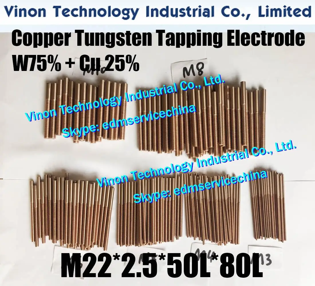 5PCS M22*2.5*50L*80Lmm CUW75 Copper Tungsten Orbital Tapping Electrode for edm W75 tungsten copper thread electrode with hole