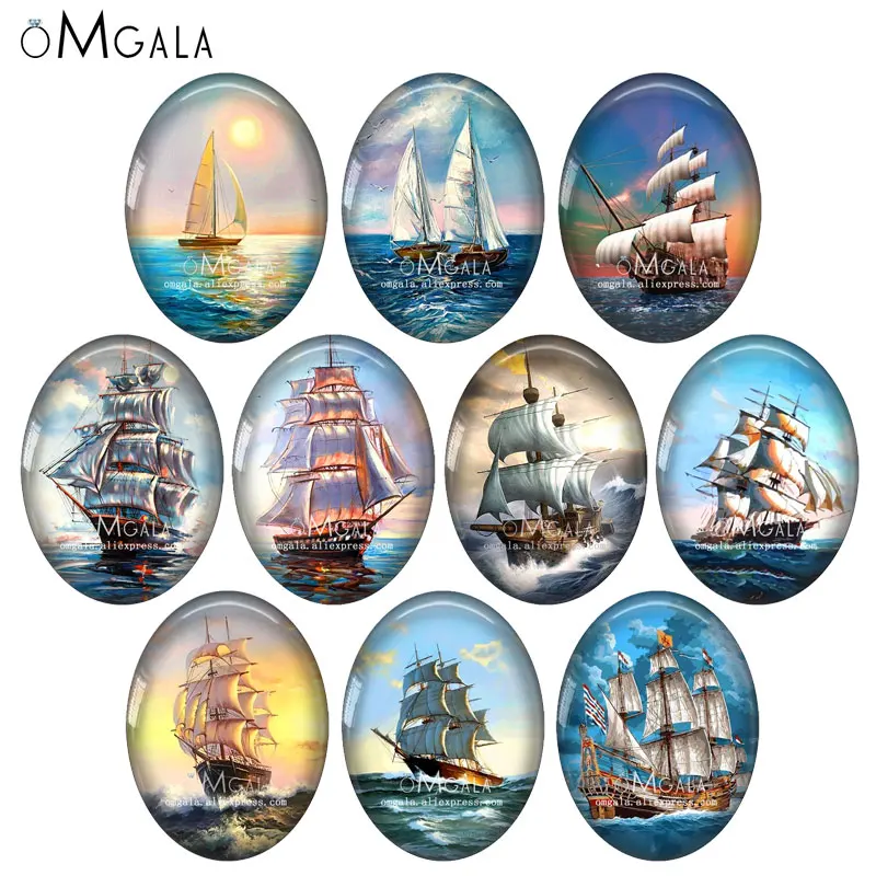 

Sailing boat oil painting art paintings 10pcs 13x18mm/18x25mm/30x40mm Oval photo glass cabochon demo flat back Making findings