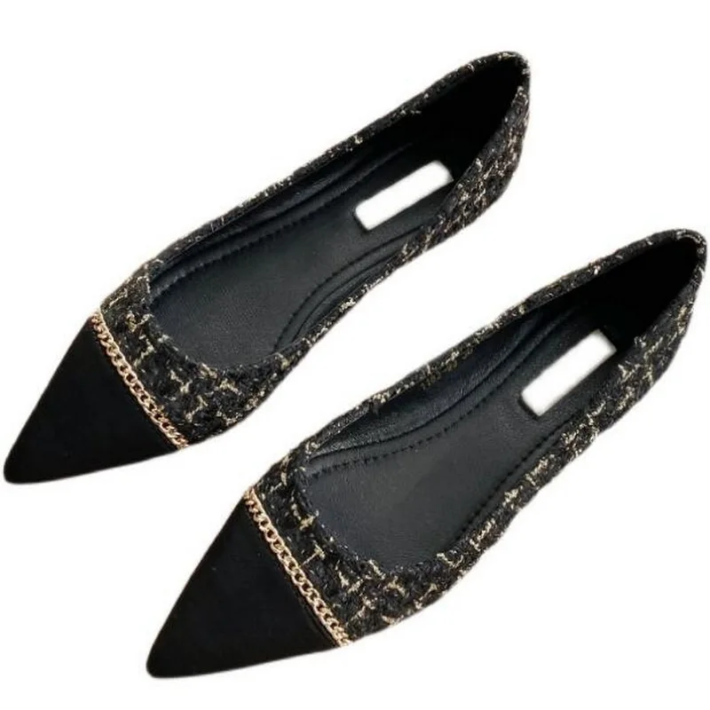 Spring Autumn Korean Version Woolen cloth Pointed Flat Mouth Flat Shoes Women Low Heel Black Single Shoe Women Plus Size 46