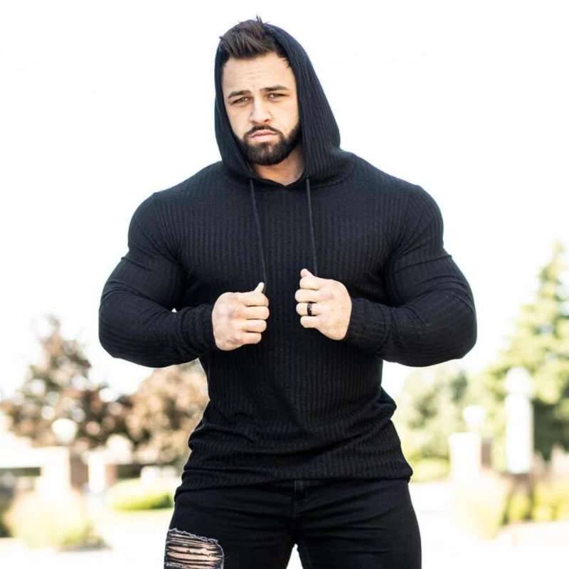 New Spring Fitness Hooded Sweaters Men Warm Turtleneck Sweaters Slim Fit Sports Pullover Men Sweater Gym Knitwear Pull Homme