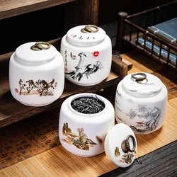 Classical Landscape Flower and Bird Storage Jar Ceramic Tea Caddy with Lid Household White Sealed Nut Storage Jar Food Container