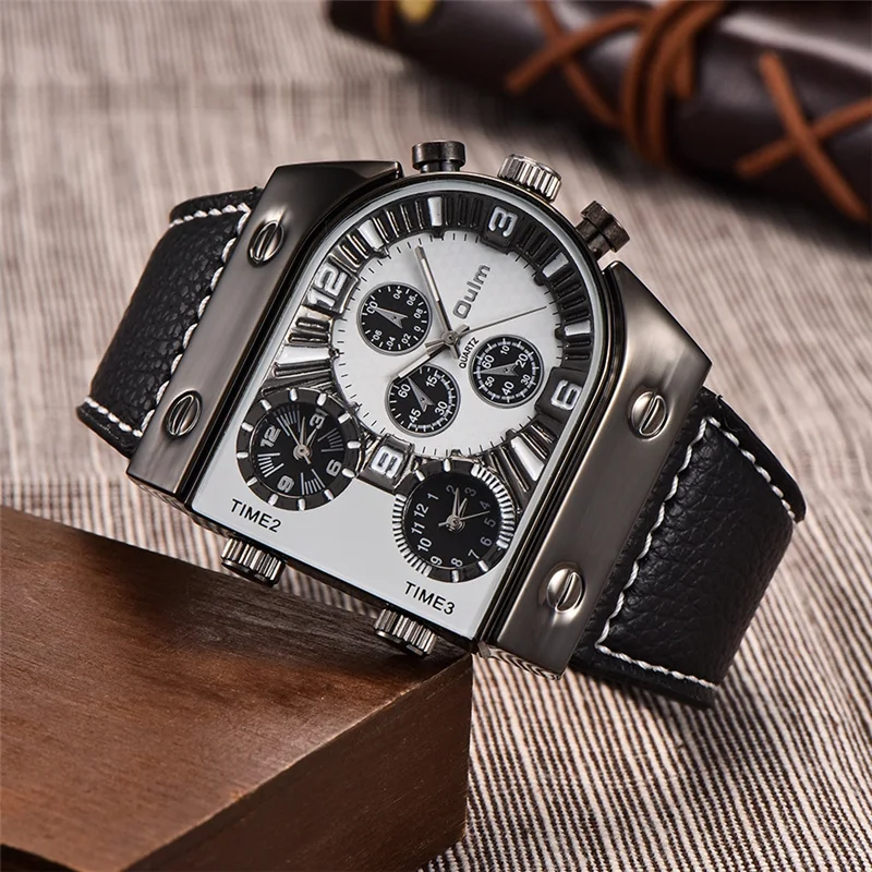 Oulm 9315 Big Size Men's Watches Three Time Zone Outdoor Sports Watch Male Casual Leather Strap Men Wristwatches Dropshipping