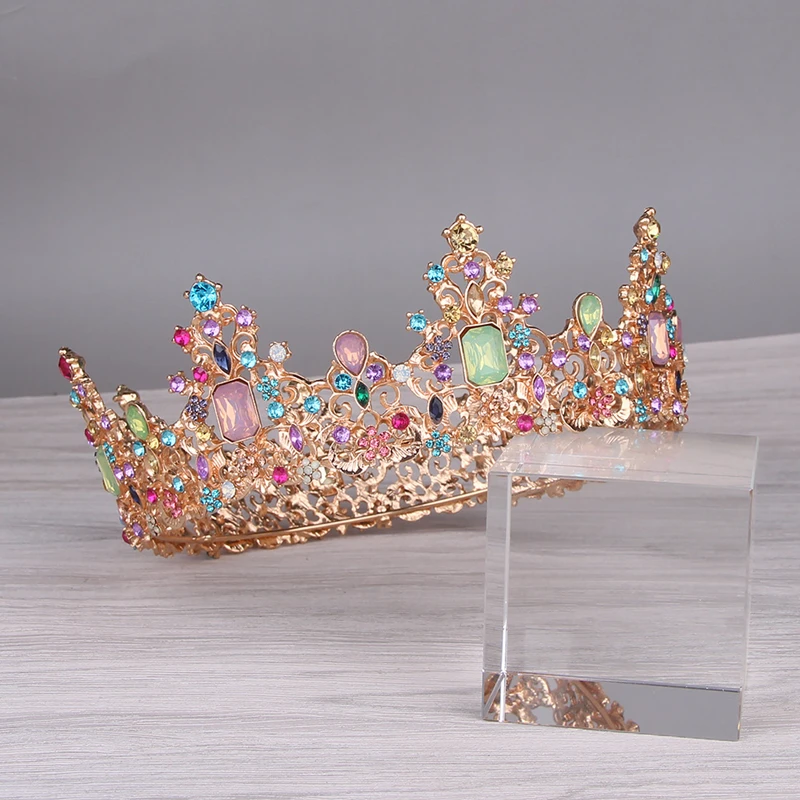 HG2322-tiara de corona de Boda nupcial, diadema de boda de aleación de lujo, con diamantes de imitación coloridos dorados grandes y clásicos