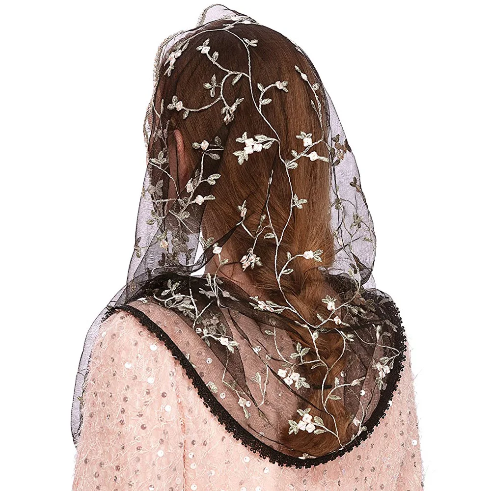 Women Chapel Veils Lady Mantilla Infinity Veil Latin Mass Little Floral Soft Embroidered Lace Head Covering Scarf for Bride