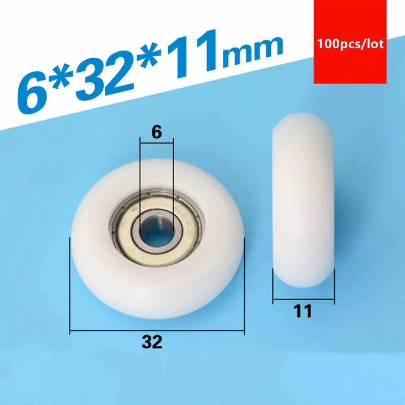 100pcs circular arc plastic coated bearing 626ZZ 626 6*32*11mm POM nylon pulley roller aluminium profile track wheel