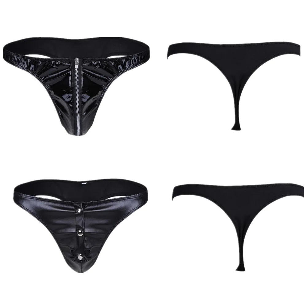 Mens Lingerie Patent Leather Latex Panties Bikini Underwear Underpants with Front Zipper G-Strings And Thongs Sissy Briefs