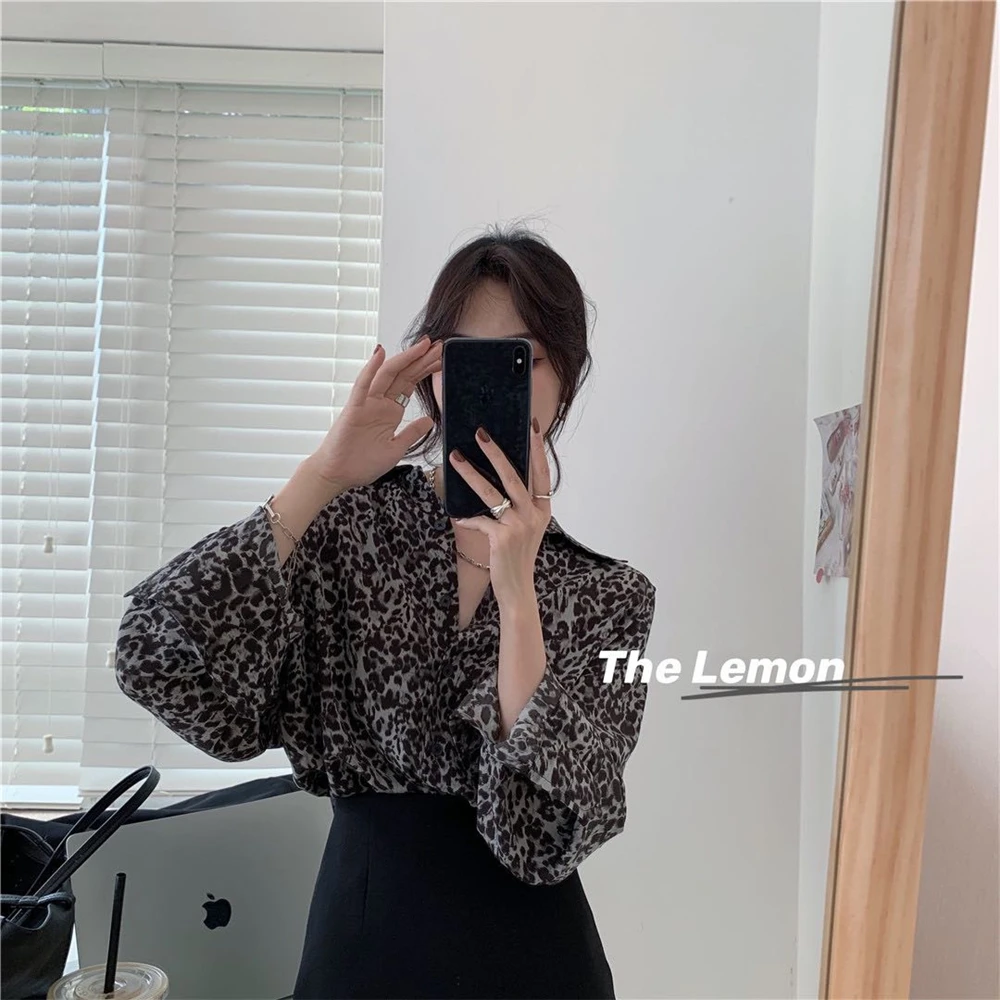 LMQ NEW Women Casual Fashion Leopard Long Sleeve Turn-Down Shirt Office Lady Elegant V-Neck Button Loose Tops For Blouses