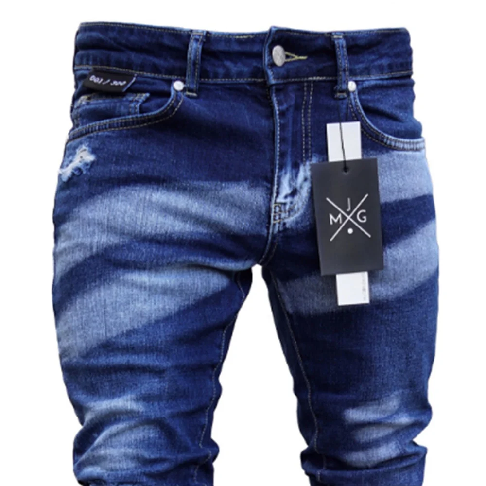 EH · MD® 100% Cotton Casual Sports Jeans Men Blue and White Dyeing Holes Scratching Skinny Trousers Zipper Opening Trend Cotton2