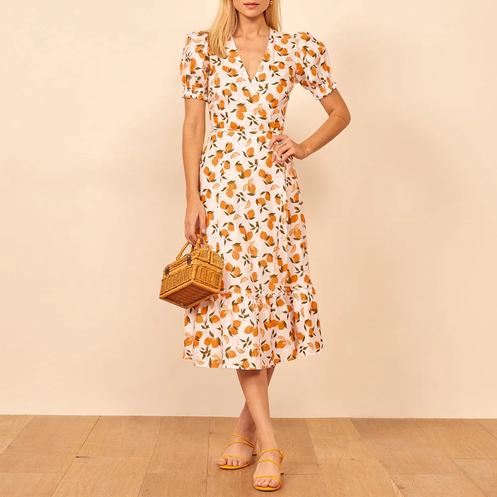 Beach Summer Dress Women Sundress 2021 V Neck Short Puff Sleeve Ruffle Hem Print Midi Dress Elegant Vintage Belted Wrap Dress