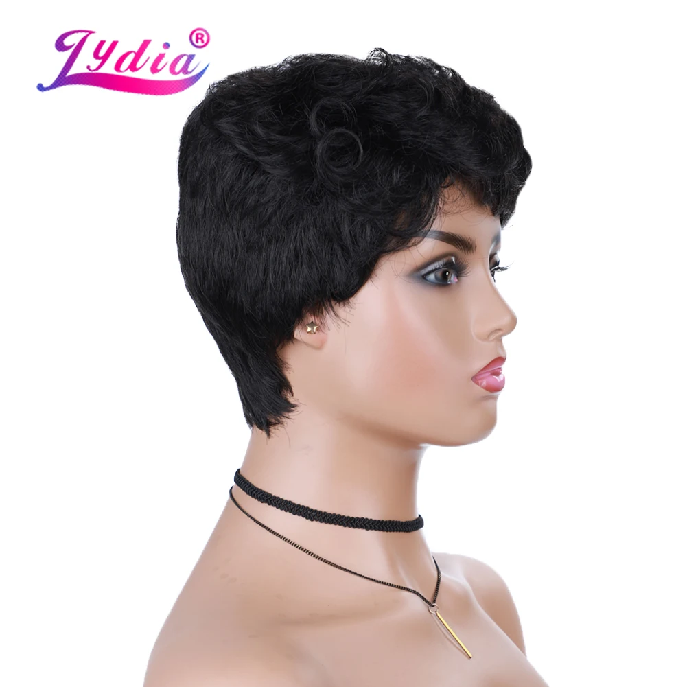 Lydia Synthetic Black Laidies Short Curly Kanekalon High Temperatural African American Russian Daily & Party Wigs Wavy