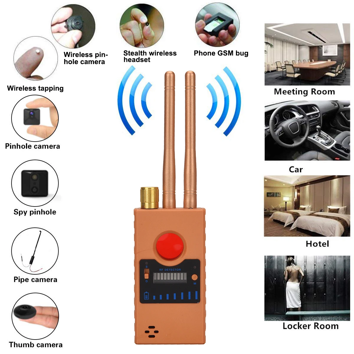 Anti espião detector de câmera escondida wifi gsm áudio bug finder gps rastreador sem fio rf sinal detectar bug bluetooth fone de ouvido scanner