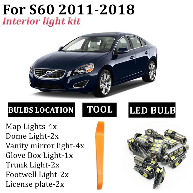 

22x Canbus LED Interior Light Reading Bulbs Kit Fit For Volvo S60 2011-2015 2016 2017 2018 Y20 134 Cargo Courtesy License Lamp