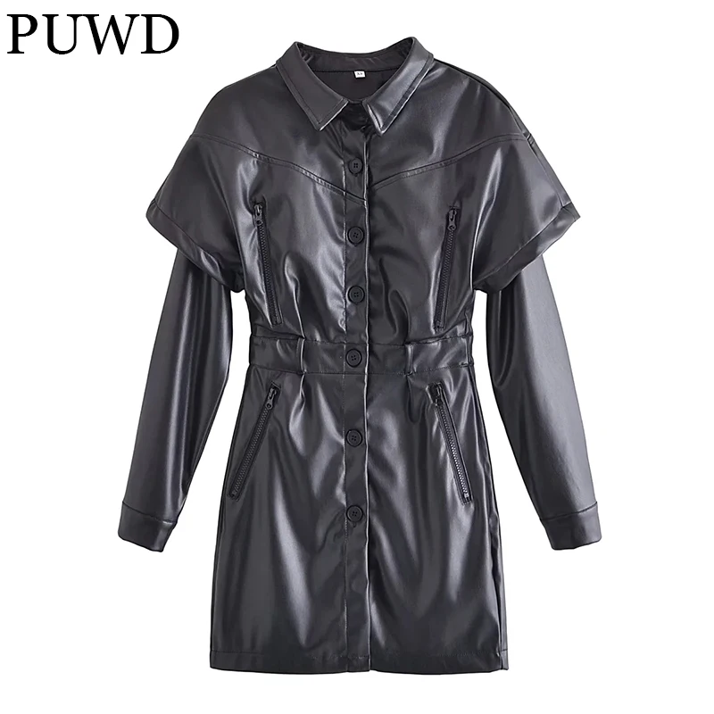 

PUWD Vintage Women Faux Leather Patch Sleeve Workwear Dress 2021 Autumn Waist Single-breasted Lapel Dress Slim Female Chic Dress