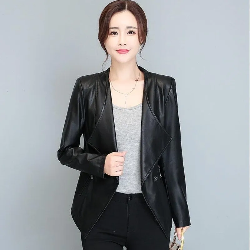 

2023 Spring New Female Short Korean Slim Fashion Sheepskin Coat Ladies Suit Collar Genuine Leather Jackets Women Trend Overcoat