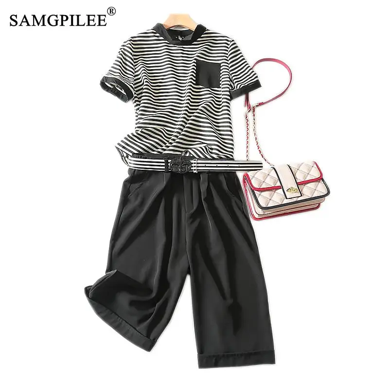 

Two Piece Set Summer Clothes For Women 2020 Office Lady O-neck Button Free Belt Striped Calf-length Pants Two Piece Set Women