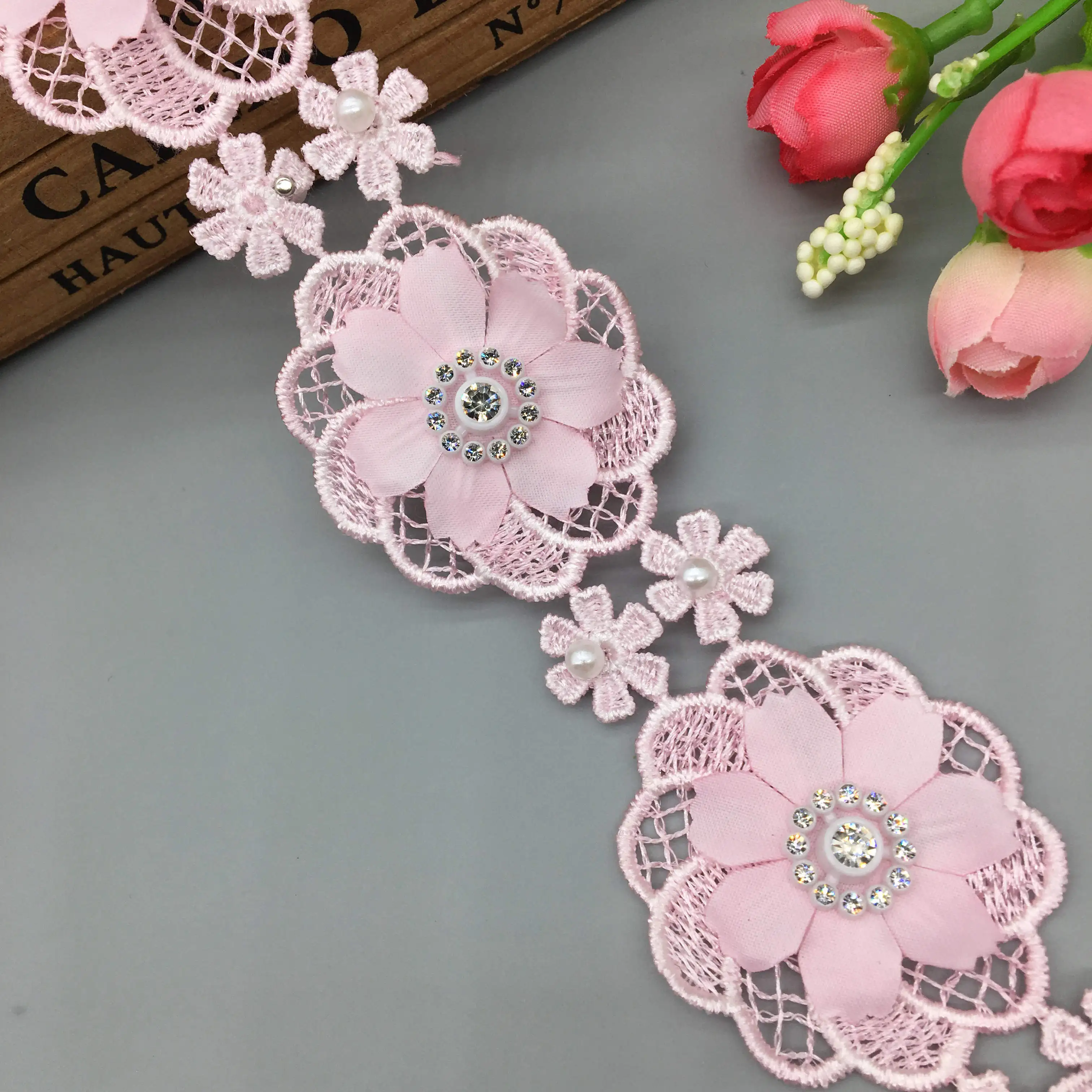 

1 yard Pink Pearl Beaded Diamond Sun Flower Embroidered Lace Trim Ribbon Applique DIY Manual Sewing Supplies Craft Decoration