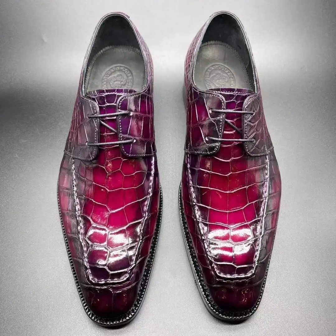 chue men dress shoes men rose red purple brush color leather sole lace-up male crocodile shoes  crocodile leather shoes