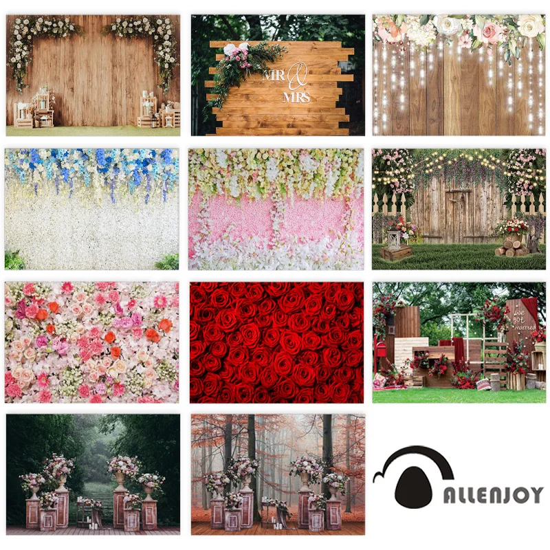 

Allenjoy Wedding Photozone Wooden Floor Flowers Rose Valentine's Day Backdrop Romantic Engagement Photographic Studio Background