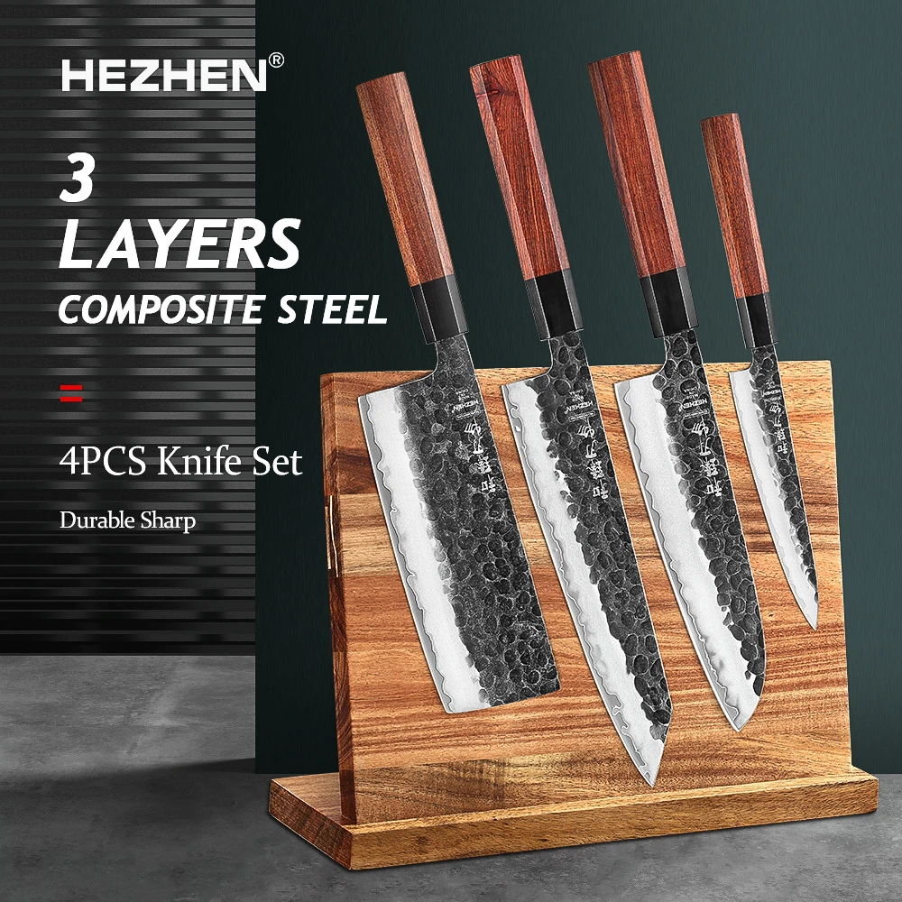 

HEZHEN 5PC Kitchen Knife Set 3 Layers Composite Steel Rosewood Handle Cooking Tools Slice Knives Magnetic Knife Holder