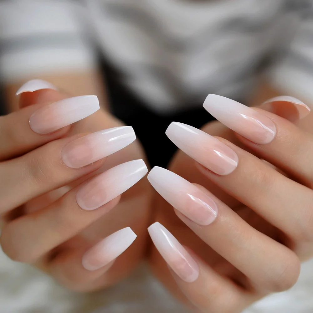 Ombre Gradient Pink Nude French Ballerina Press on False Nails Extra Long Natural Coffin Gel colla su unghie finte