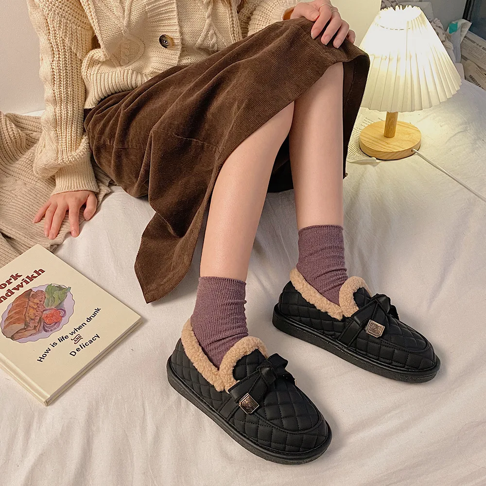 Bow Tie Cotton Shoes for Women To Wear Out The New Fashion In Winter 2022, Versatile Plush Warm Sleeve Lefu Shoes for Women