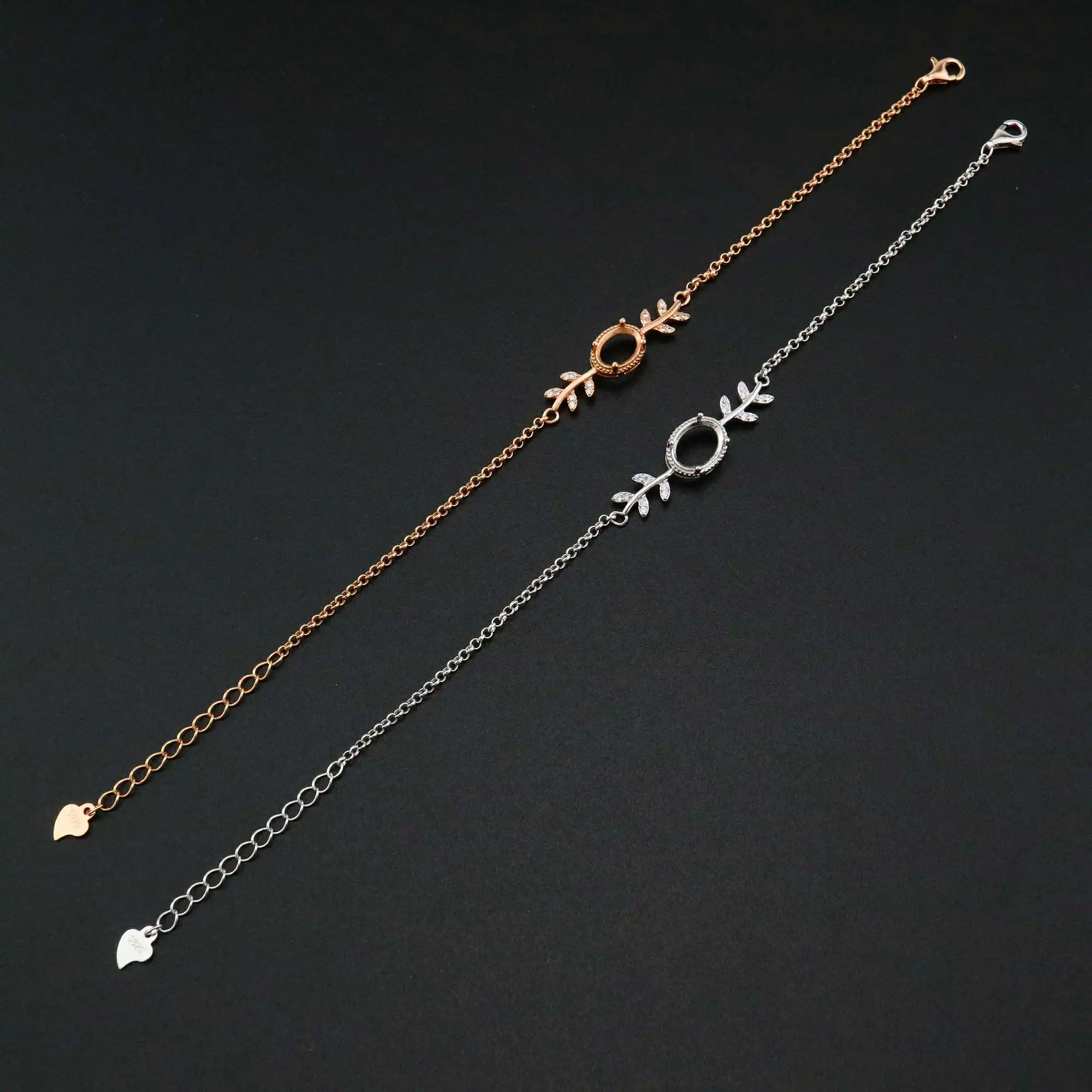 1Pcs Oval Prong Bezel Bracelet Settings Tree Branch Rose Gold Plated Solid 925 Sterling Silver Tray for Gemstone  1900243