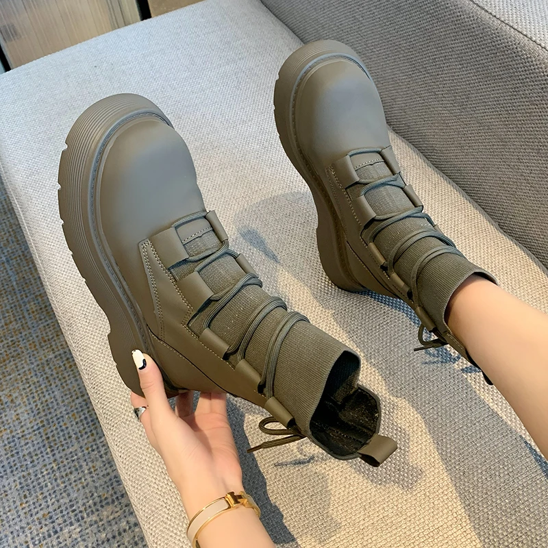 White Mid-Calf Boots Women Shoes Autumn Boots-Women Round Toe Low Mid Calf Lolita Rock 2024 Rubber Ladies Solid Slip-On Flock C