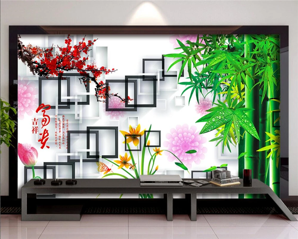 

Beibehang Custom wallpaper mural plum blossom bamboo square living room bedroom background wall decoration painting 3d wallpaper