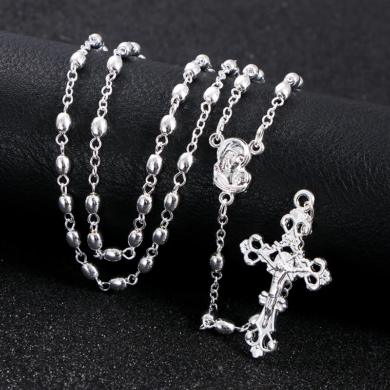 KOMi Religious Catholic Metal Rosary Small Beads Necklace Men Women Jesus Cross Pendant Chains Prayer Jewelry Gift Collana R-396