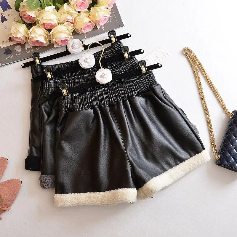 2024 New Autumn Winter Fleece Shorts Elastic High Waist Thick Warm PU Shorts Women Femme Casual Ladies Shorts Black Boots Pant