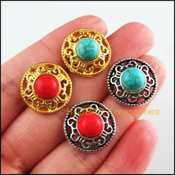 15Pcs Tibetan Silver Tone & Gold Color Round Red & Blue Stone Flower Charms Pendants 18mm