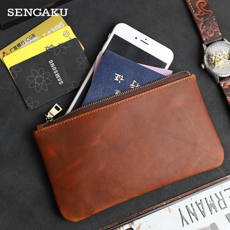 Handmade Vintage Men Clutch Bag Genuine Leather Long Wallet Phone Multi-card Holder Purse Small Money Bags For Business School