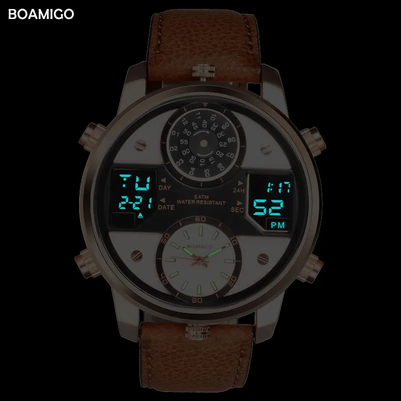 Men Quartz Watches 3 time zone Watch BOAMIGO LED Digital Sports Watches Male Leather wristwatches Man Clock Relogio Masculino