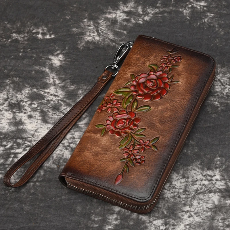 

Natural CowSkin Embossed Floral Long Wallet Women Money Handy Bag ID Card Holder Genuine Leather Zipper Clutch Wrist Bags Purse