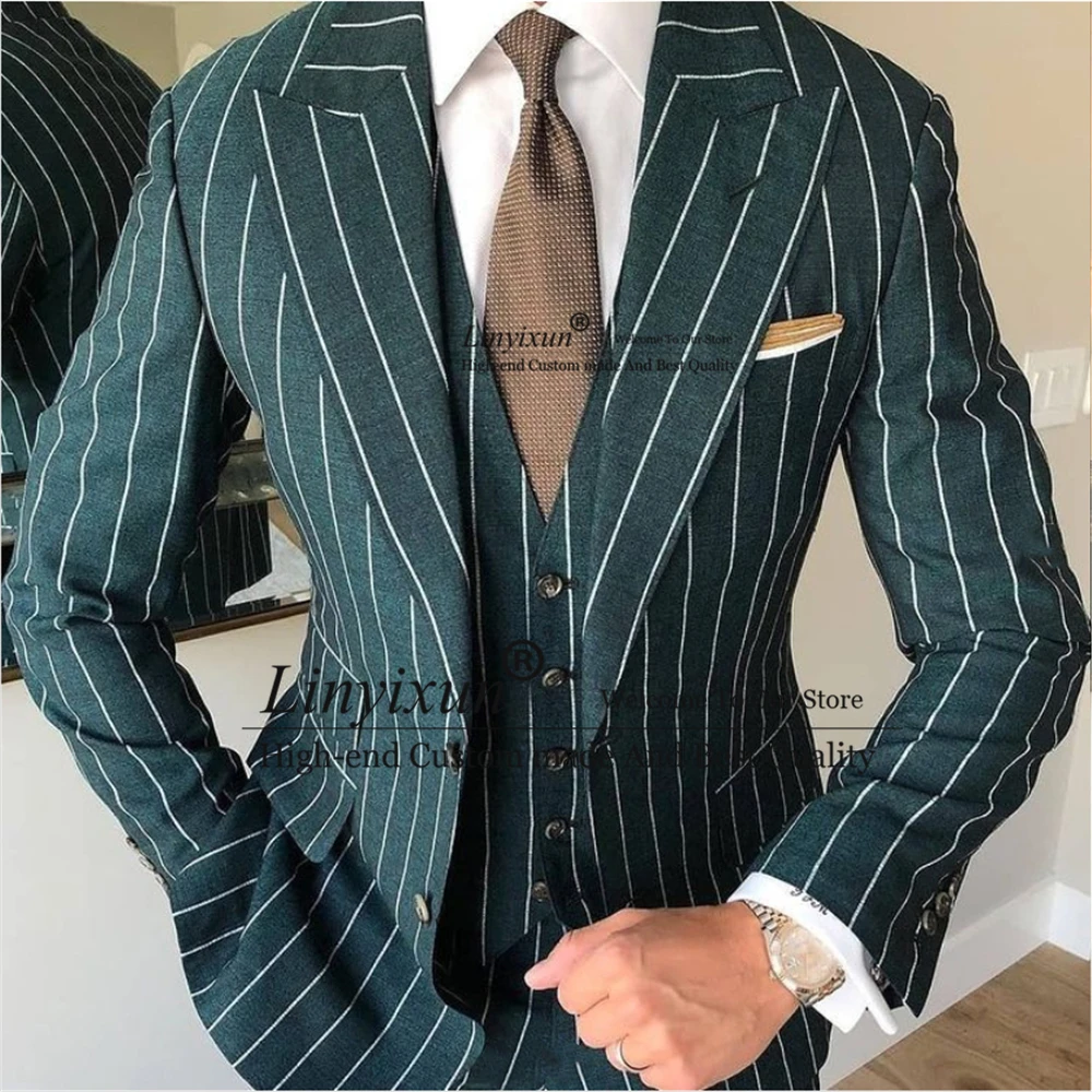 

Fashion Green Striped Mens Suit Formal Business Blazer Slim Fit Wedding Groom Tuxedo 3 Piece Set Jacket Vest Pants Costume Homme