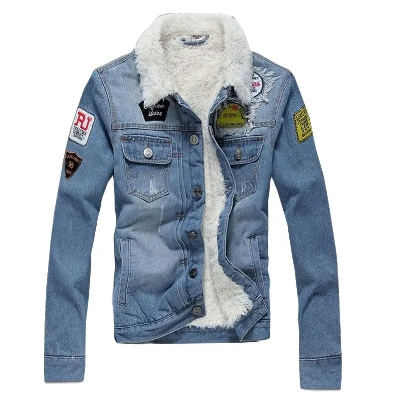 

Denim Jacket Men Winter Casual Warm Fur Lined Jean Coat Male Slim Fit Vintage Motorcyle Jackets Men Printed Streetwear Outwear