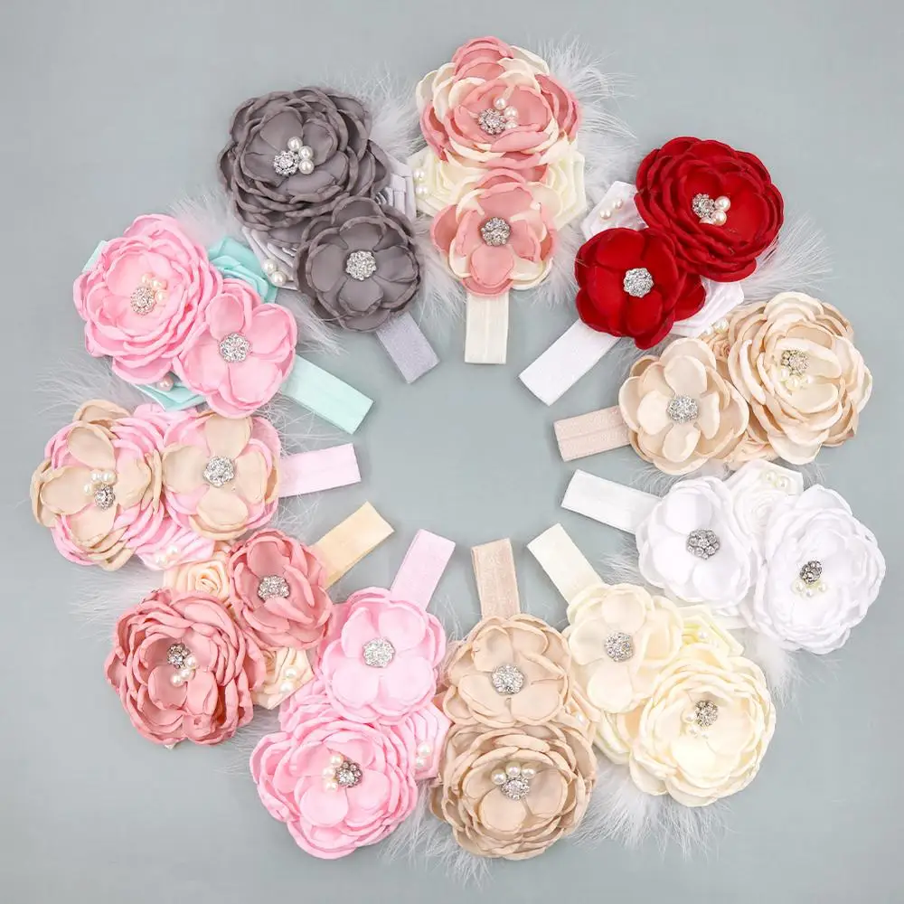 Flower Headband Baby Girls Accessories Vintage Rhinestone Newborn Photography Props Elastic Plain Hair Bands