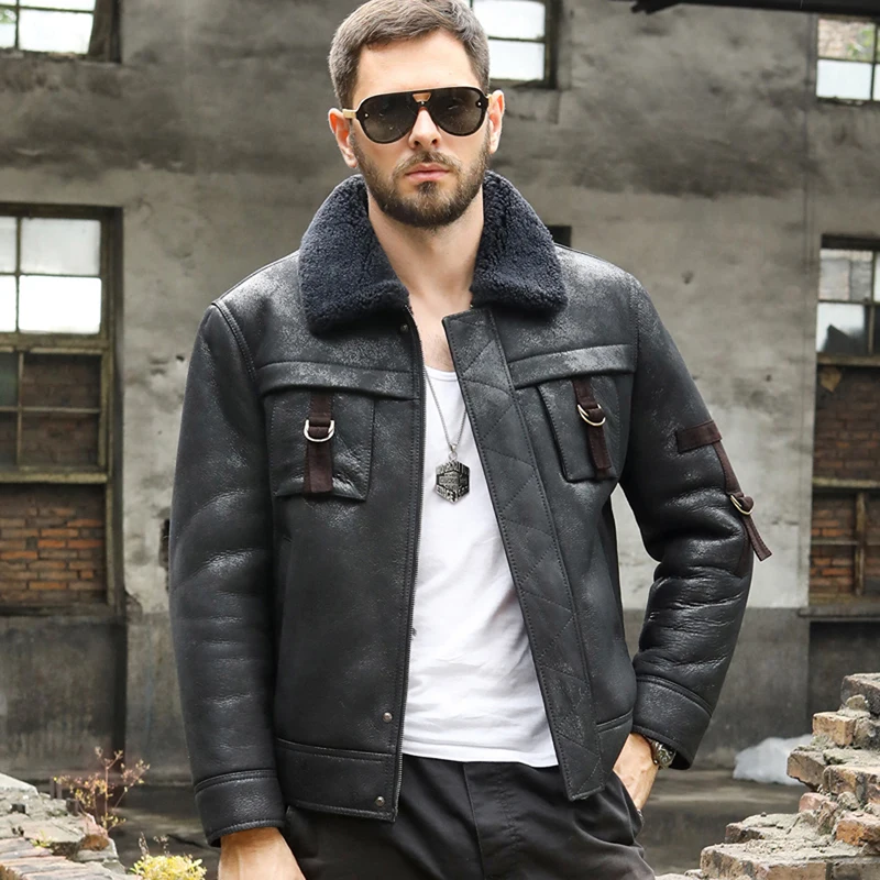 

New Mens B3 Shearling Jacket Short Fur Coat Black Leather Jacket Bomber Jacket Fashion Motorcycle Jacket